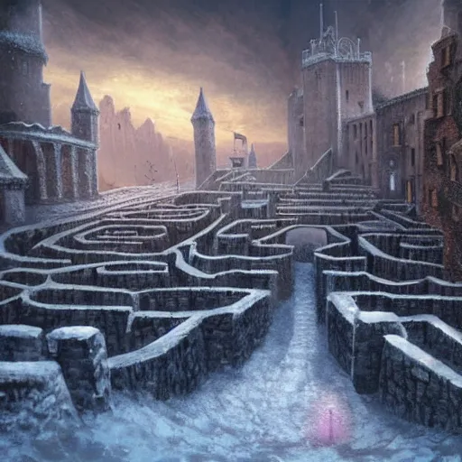 Prompt: fantasy concept art, high detail, 8k, snow covered walled medieval city, labyrinth in the background