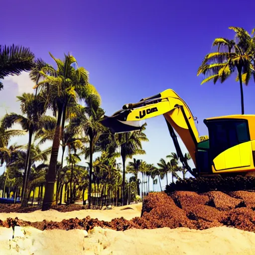 Prompt: an excavator sunbathing under palm trees, holiday vibe, jcb, photo style, ultra realistic