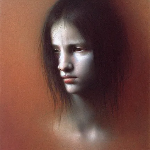 Image similar to young girl, painting by Beksinski