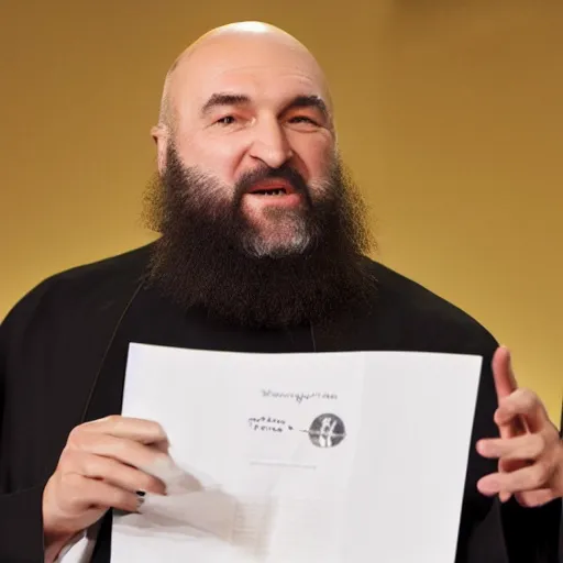 Prompt: Orthodox priest beard Kevin O'Leary investing in a company, in Shark Tank (2016)