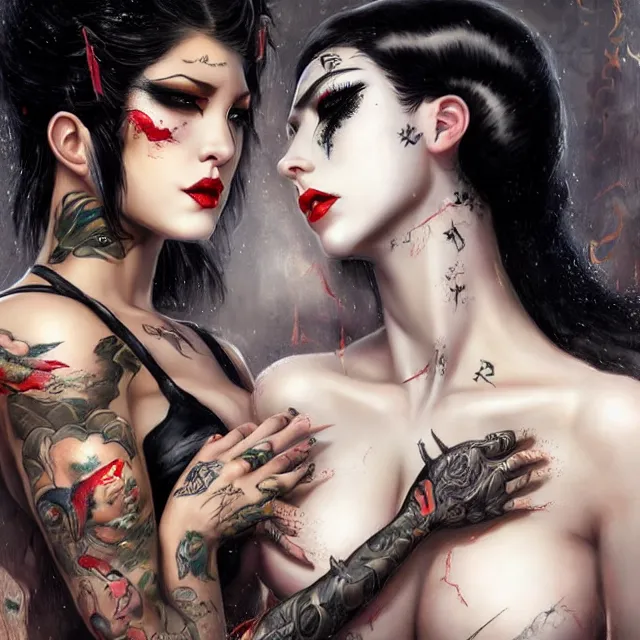 Image similar to two beautiful girls fighting rye chain slavery cosplay with black hair in fully tattooed body and fishnet clothes fully on, beautiful detailed face, white face makeup, big red lips, black eye makeup, art by wlop and karol bak and gennady ulybin and stanley lau and artgem and magali villeneuve