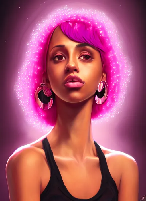 Image similar to portrait of teenage vanessa morgan with bright pink hair, black girl, curly pixie cut hair, wearing a purple breton cap, breton cap, hoop earrings, intricate, elegant, glowing lights, highly detailed, digital painting, artstation, concept art, smooth, sharp focus, illustration, art by wlop, mars ravelo and greg rutkowski