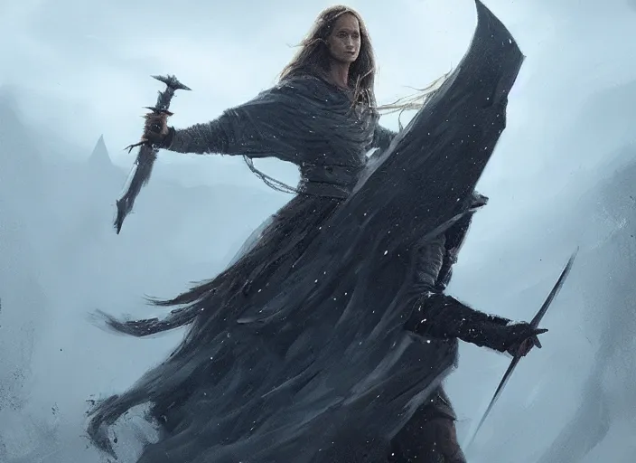 Image similar to Alicia Vikander as a knight fighting a Nazgul, fantasy battle in the style of Greg Rutkowski