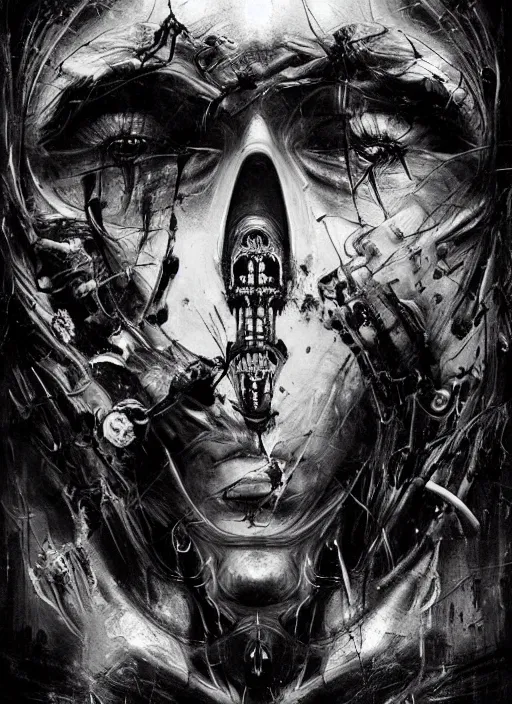 Image similar to a dream film poster of a dystopic world full of aberration, black & white, melting, webbing, 8 k, by tristan eaton, stanley artgerm, tom bagshaw, greg rutkowski, carne griffiths, ayami kojima, beksinski, giger, trending on deviantart, face enhance, hyper detailed, minimalist, horror, alien