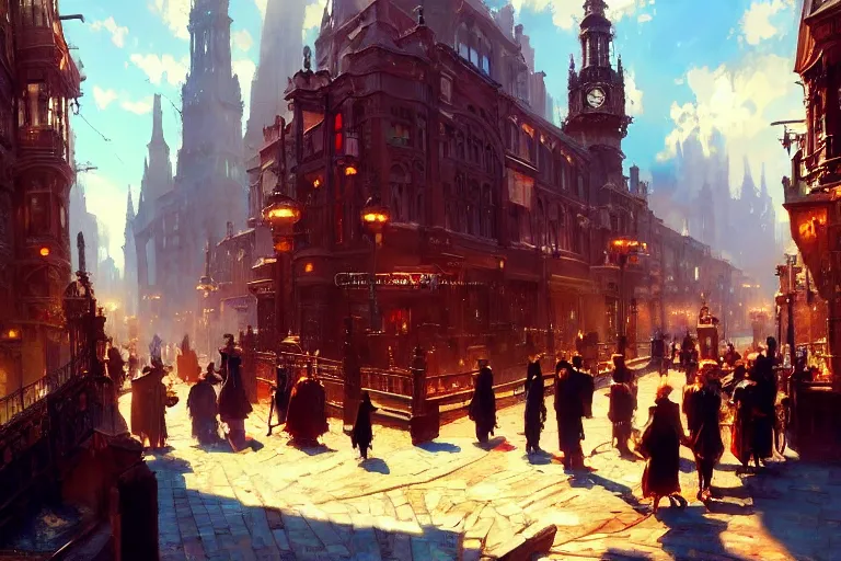 Image similar to an victorian city, scene in the sun. 1 8 9 0, key visual, conceptart, ambient lighting, highly detailed, digital painting, artstation, concept art, sharp focus, by makoto shinkai and akihiko yoshida and greg manchess