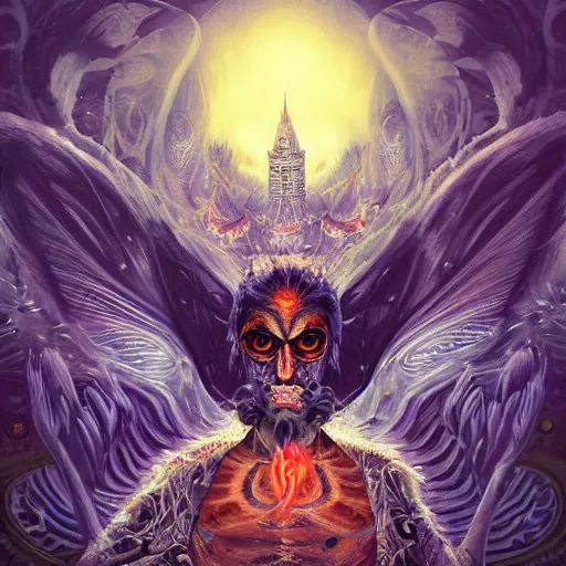 Image similar to 8K headshot Portrait of centered chest up of a psychedelic godlike mothman shaman with moth face and giant mandala wings smoking a hand-rolled cigarette smoking heavily , magic mushroom village in background , post-processing , award winning. superb resolution. in the art style of junji Ito and greg rutkowski . Detailed Mushroom city in background. Hyper realistic anime. Perfect art. Dalle2