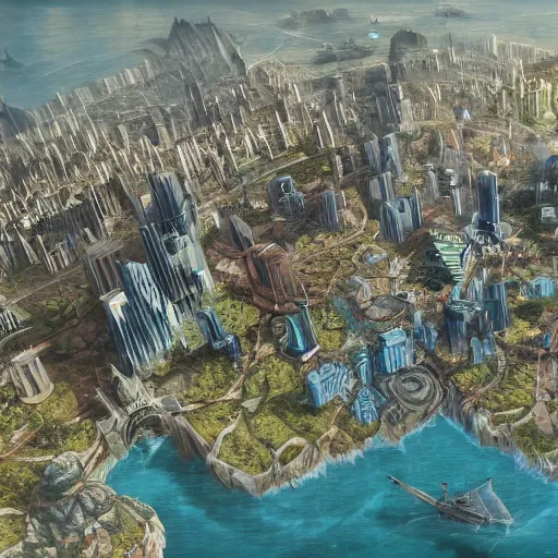 Prompt: Large Fantasy City in the middle of an island in the ocean, concept art, matte painting, birds eye view, city plans