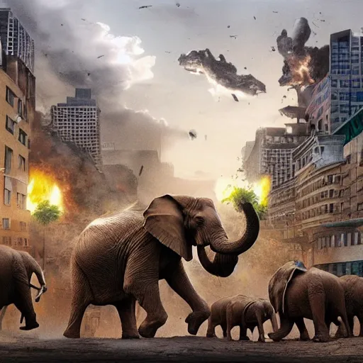 Prompt: giant elephants destroying a city