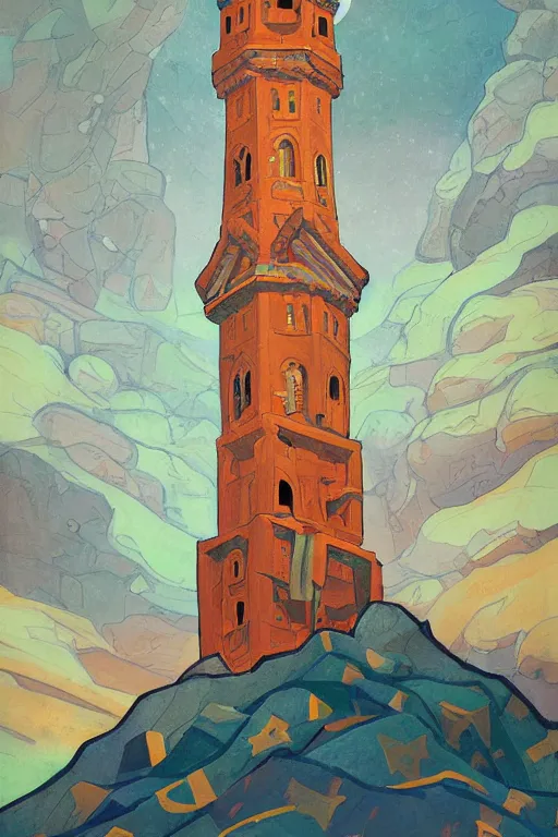 Image similar to glorious painted belltower of the sun and the lost stars, by Sylvain Sarrailh and Nicholas Roerich, dramatic cinematic lighting , beautiful colorful tilework, ornate architecture, smooth, sharp focus, extremely detailed