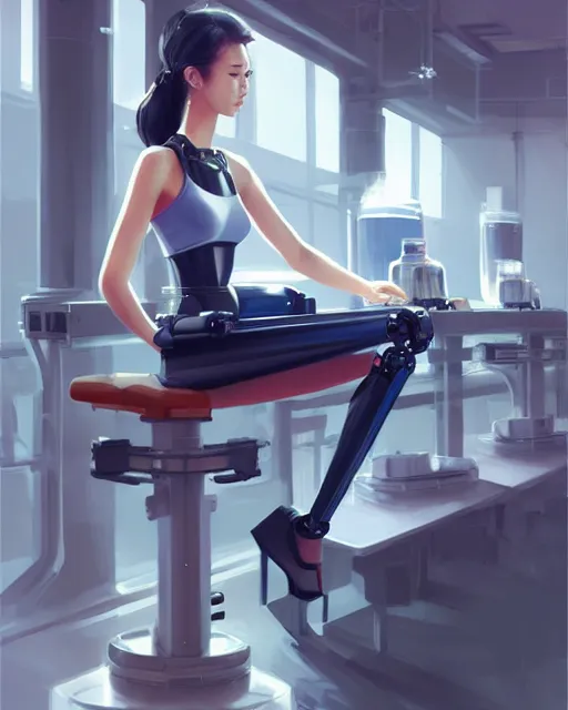 Image similar to concept art of a sleek robotic girl sitting in a lab, wearing a tank top | | cute - fine - fine details by stanley artgerm lau, wlop, rossdraws, and sakimichan, trending on artstation, brush strokes