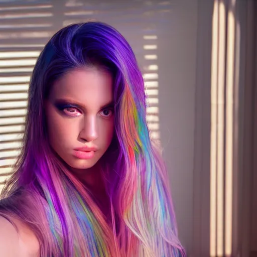 Image similar to goldenhour selfie photo of a stunningly beautiful model with large symmetrical violet eyes and flowing iridescent hair, rainbow light spectrum caustics and shadows cast by the blinds