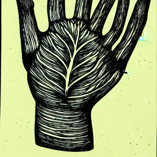 Image similar to palm of a hand with various plants growing out of it, pen and ink style