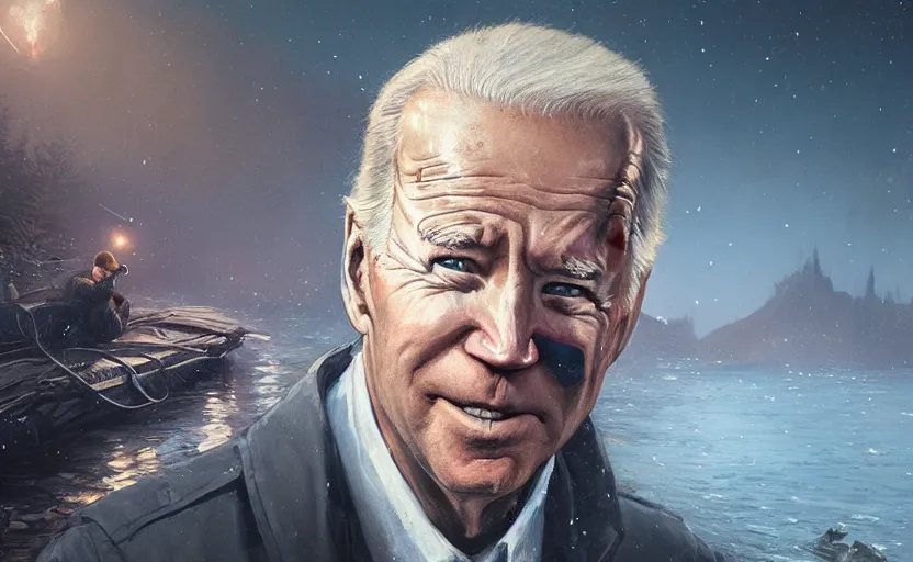 Image similar to highly detailed portrait of joe biden as a homeless, stuck in the river, stephen bliss, unreal engine, fantasy art by greg rutkowski, loish, rhads, ferdinand knab, makoto shinkai and lois van baarle, ilya kuvshinov, rossdraws, tom bagshaw, global illumination, radiant light, detailed and intricate environment