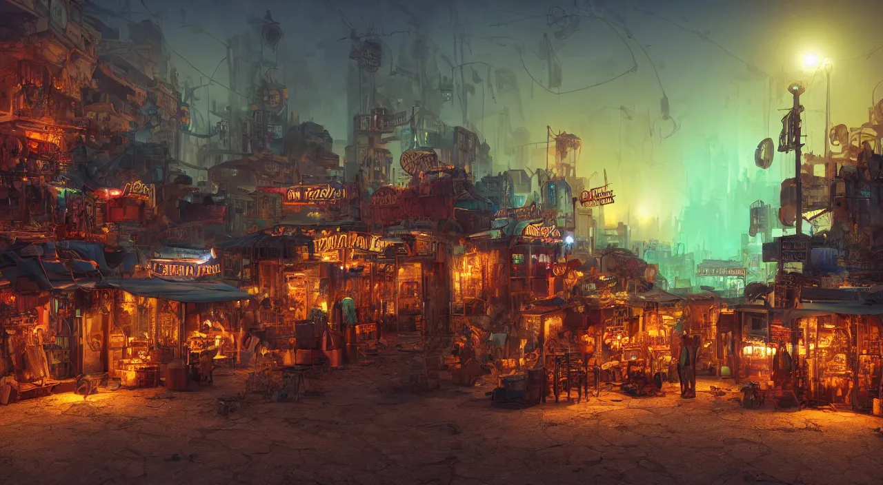 Prompt: a steampunk village in the desert at night, junk everywhere,neon lights, neon signs, magical atmosphere, mist, steam, photo realistic, 35mm, Matte painting, octane render, 8k, corona render, movie concept art by guido borelli da caluso