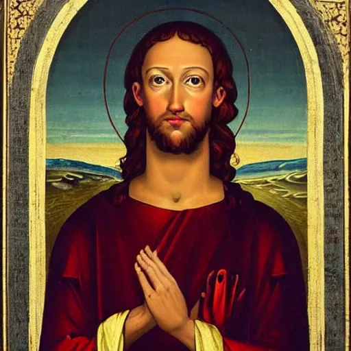 Image similar to mark zuckerberg depicted as jesus in a religious painting