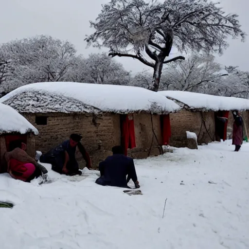 Image similar to Several bodies of dead villagers in the middle of a village in the snow