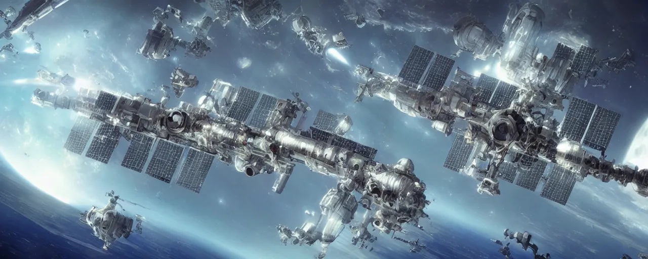 Prompt: spaceship in the sky , space station by Stephan Martiniere, masterpiece , volumetric light