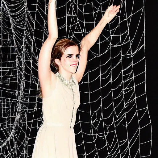 Image similar to emma watson stuck to the ceiling with a giant spider web