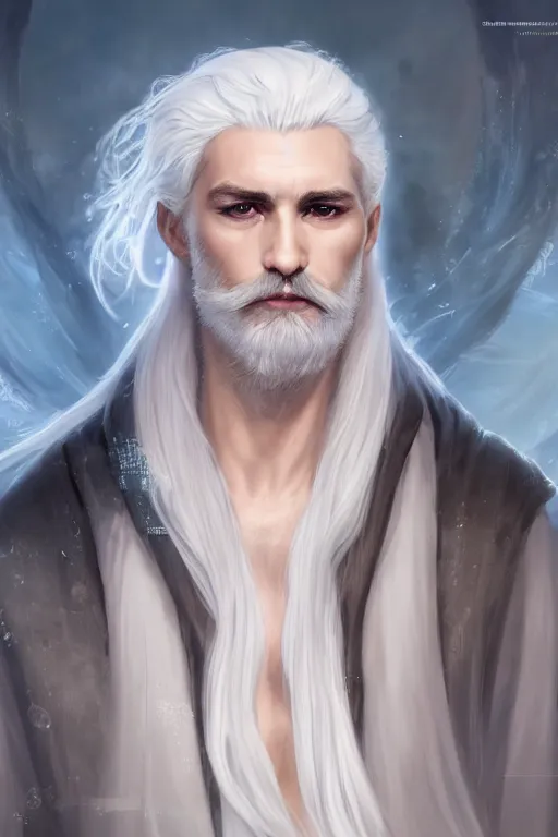 Image similar to white haired robe fu xi full male front body portrait, very long white beard and hair, long hair shawl, fine kindness delicate prefect face features gaze, piercing eye, elegant, style of tom bagshaw, cedric peyravernay, peter mohrbacher, victo nga, 4 k hd illustrative wallpaper, animation style, chinese style