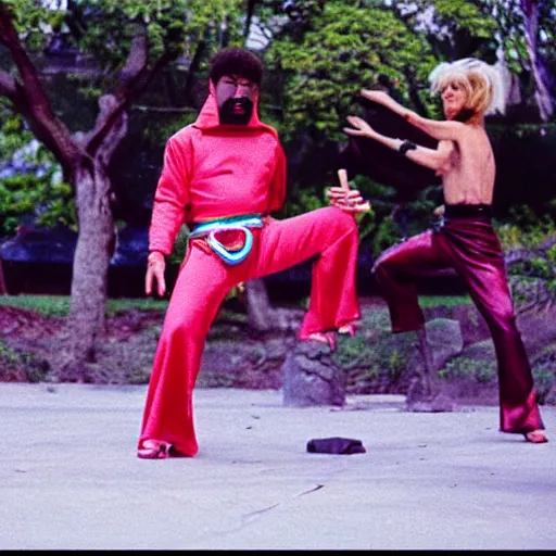 Image similar to Film still of 'Los Angeles Vice Squad' (1990). Kung-fu earth hippie villian. Sigma 85mm f/8