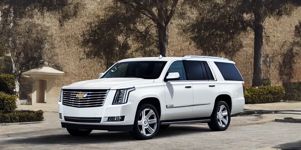 Prompt: A photo of a white SUV based on a Cadillac Escalade and Chevrolet Tahoe, overhead angle