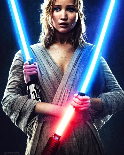 Image similar to jennifer lawrence as a jedi with ripped and damaged clothes holding a single lightsaber, blue coloured, in her hands, very dark background, official new star wars episode xi movie poster from lucas arts, perfect symmetrical face, moody lighting, 8 k, shallow depth of field, intricate detail,