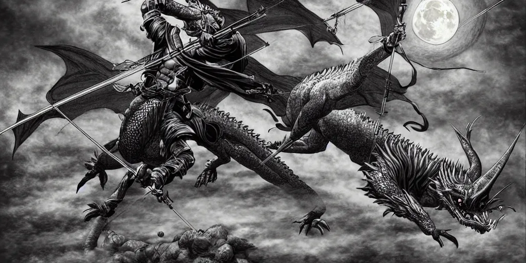 Prompt: korean archer shooting a dragon. the moon is in the sky. there is a river. dark fantasy. high resolution. detailed. digital art. kentaro miura.