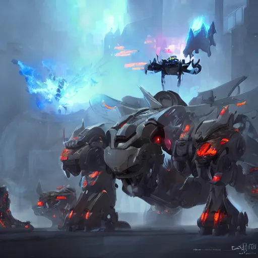 Prompt: a mech dragon in a battle stance surrounded by a horde of evil robots, concept art, digital painting, trending in artstation