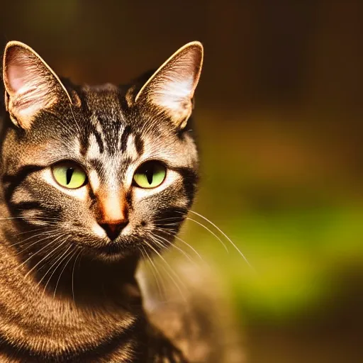 Image similar to closeup of a cat in a forest about to eat a worm, backlit, macro shot, golden hour, low angle
