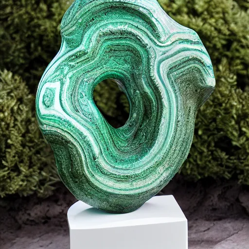 Image similar to abstract carved malachite sculpture, wiggly non rational shapes, fluid and dynamic, sharp and smooth, product photo