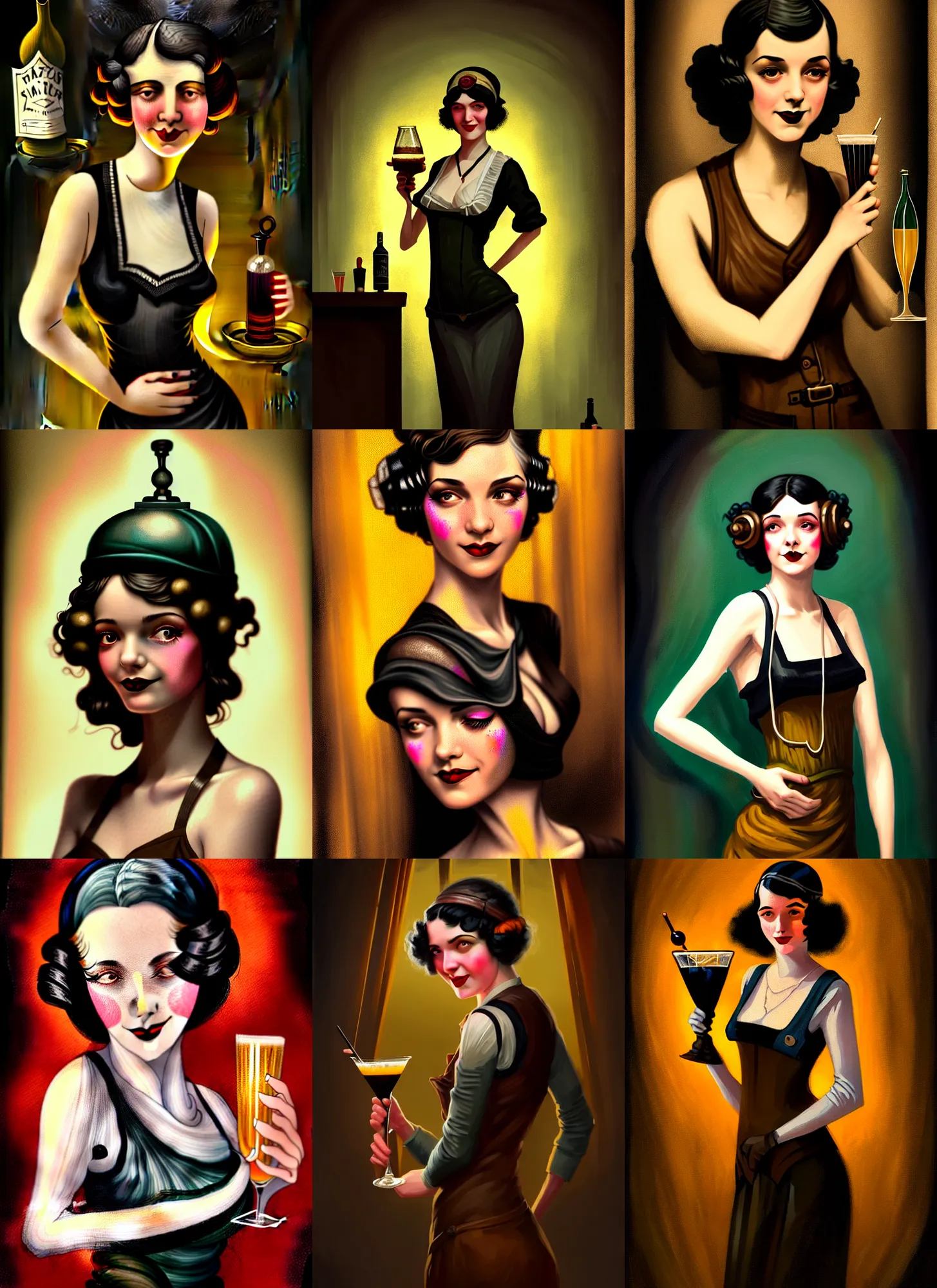 Prompt: character portrait of young woman as a beautiful barmaid, cozy dark crowded 1920s speakeasy tavern, dystopian 1920s ukraine mood, relaxed pose, charming sly smile, black hair, intricate, wild, highly detailed, digital painting, artstation, concept art, smooth, sharp focus, illustration, art by Noah Bradley, vibrant deep colors, 🍸, 8k octane beautifully detailed render, post-processing, extremely hyperdetailed, Art Nouveau, masterpiece, dizzy, foggy, claustrophobic