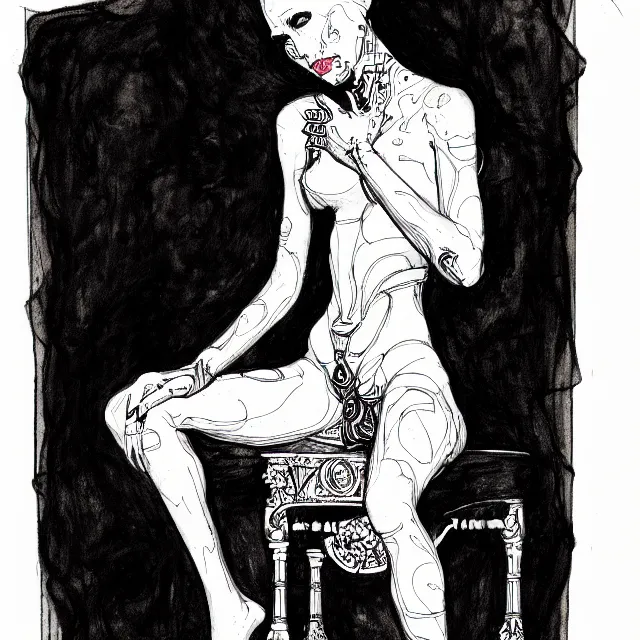 Image similar to salome full figure sitting on throne sketchbook ink drawing by james jean very detailed high contrast