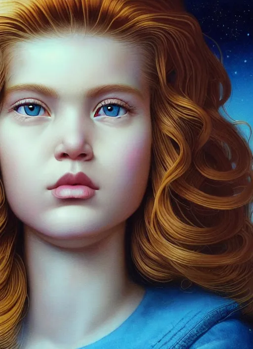 Image similar to highly detailed closeup portrait young plejaden woman with wavy blonde hair in a retro spaceship with large windows, stephen bliss, unreal engine, greg rutkowski, ilya kuvshinov, ross draws, hyung tae and frank frazetta, tom bagshaw, tom whalen, nicoletta ceccoli, mark ryden, earl norem, global illumination, god rays, detailed and intricate environment