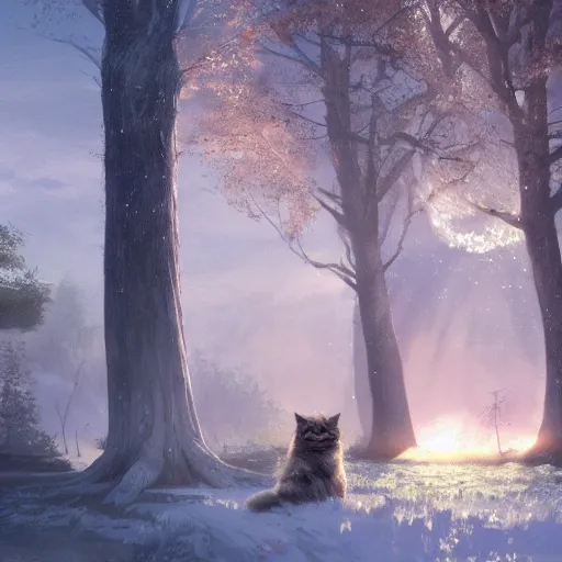 Image similar to concept art, siberian cat shining its light by gingko trees, 8 k, by greg rutkowski, and john howe, background of the sky at dusk by james gurney, artstation