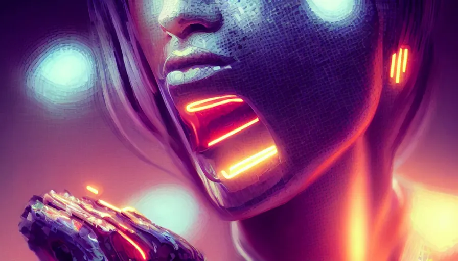 Image similar to pixelated mouth, scream, cyberpunk angry gorgeous goddess, , cigar, neon, alterd carbon, fibonacci, sweat drops, insane, intricate, highly detailed, digital painting, artstation, concept art, smooth, sharp focus, illustration, Unreal Engine 5, 8K, art by artgerm and greg rutkowski and alphonse mucha