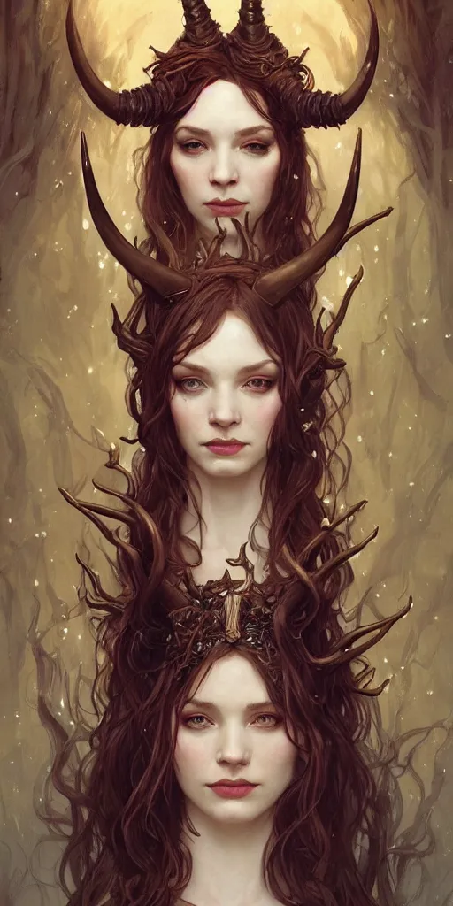 Image similar to a beautiful illustration of a witch with horns in head, young christina hendricks, intricate, sharp focus, illustration, highly detailed, digital painting, concept art, matte, art by wlop and artgerm and greg rutkowski and alphonse mucha, masterpiece