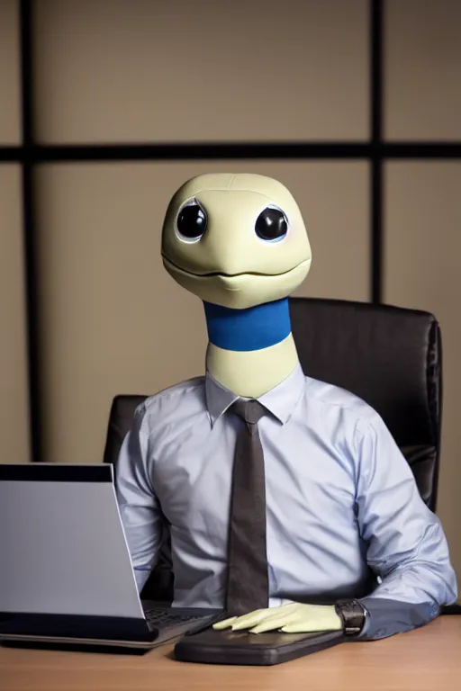 Prompt: real anthropomorphic turtle that looks like a human, business attire, sitting at a desk with a laptop, realistic, colored studio lighting, professional photography, nikon 5 0 mm f / 1. 8 g, canon