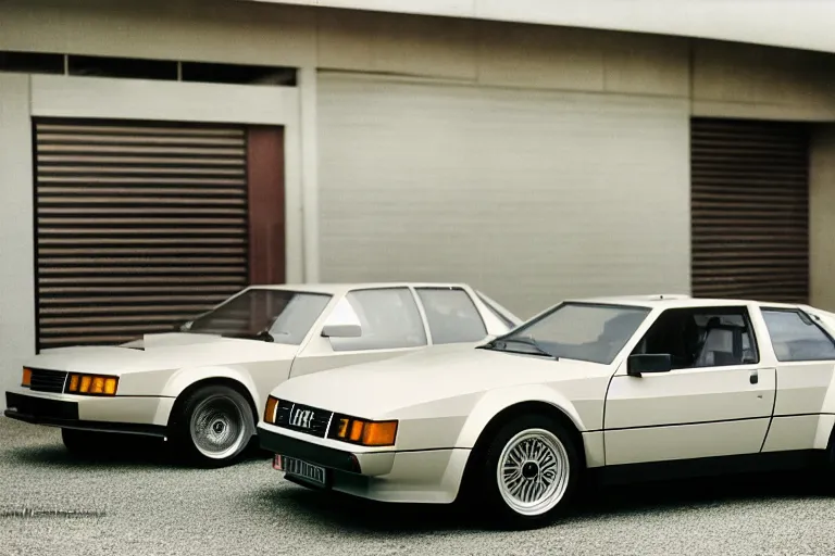 Image similar to 1984 Audi Quattro, BMW M1 Lincoln Continental, inside of a minimalist Tokyo garage, ektachrome photograph, volumetric lighting, f8 aperture, cinematic Eastman 5384 film