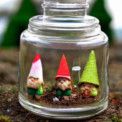 Image similar to photo of a tiny gnome village in a jar.