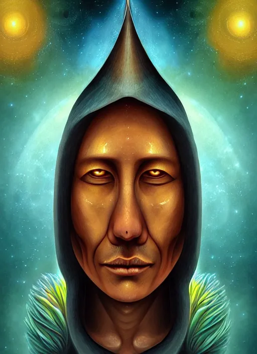 Prompt: matte symmetrical portrait of a wizard of the inca tribe revealing the ancient secret of how life entered the cosmos, noble bearing. by hieronymus bosch, cyril rolando, esher and natalie shau, whimsical, profound, impossible. trending on devaintart.