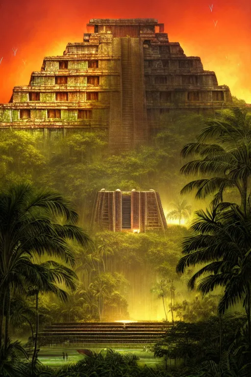 Prompt: a swampy tropical forest with red lightning bugs flying around a ancient mayan ruin designed by zaha hadid, tone mapped, shiny, intricate, cinematic lighting, highly detailed, digital painting, artstation, concept art, smooth, sharp focus, illustration, art by arthur haas and bruce pennington and john schoenherr