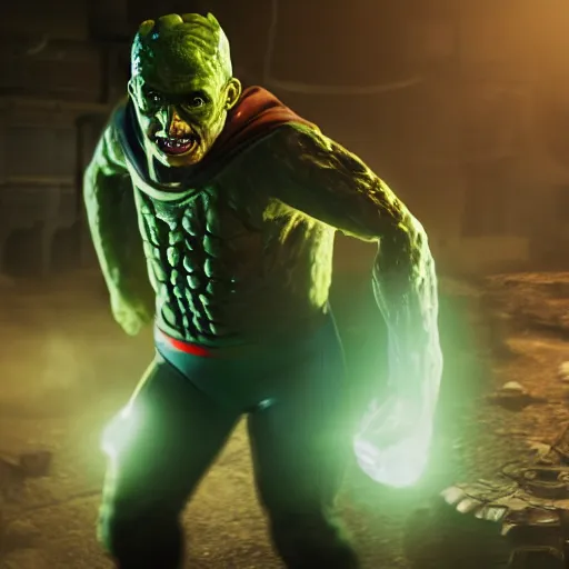 Image similar to pickle rick as superman! flying in ( gears of war ), splash art, movie still, detailed face, photo realistic facial features, cinematic lighting, dramatic, octane render, long lens, shallow depth of field, bokeh, anamorphic lens flare, 8 k, hyper detailed, 3 5 mm film grain