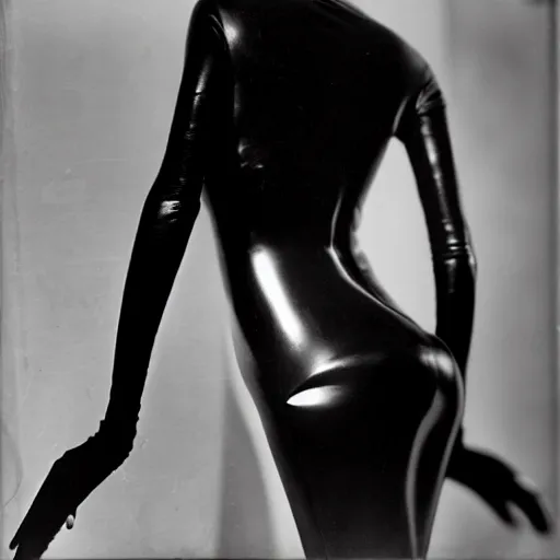 Image similar to old monochrom photography of a beautiful woman wearing a black latex dress by man ray, alfred ghisoland, george edward hurrell, 4 k,