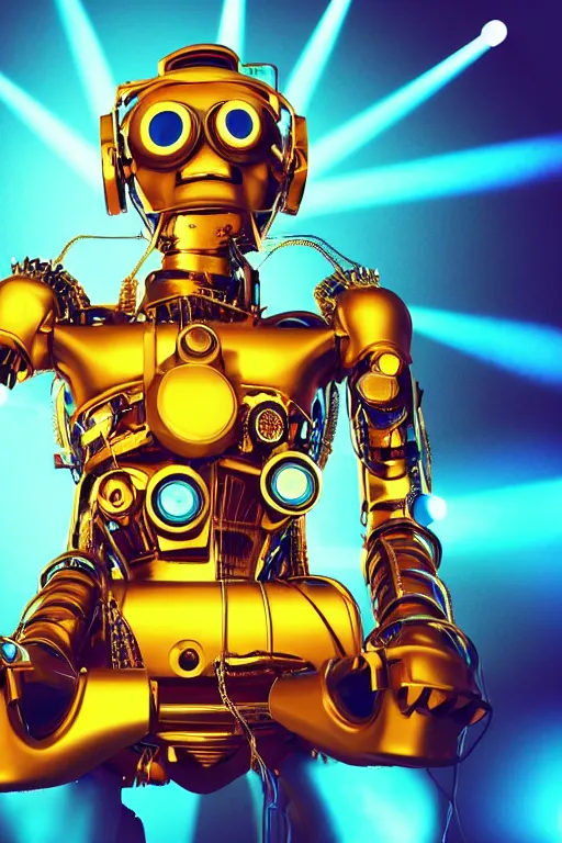 Image similar to portrait photo of a giant huge golden and blue metal humanoid steampunk robot female singer with headphones and gears and tubes, in the foreground is a big red glowing microphone, eyes are glowing green lightbulbs, shiny crisp finish, 3 d render, 8 k, insaneley detailed, fluorescent colors, background is multicolored lasershow