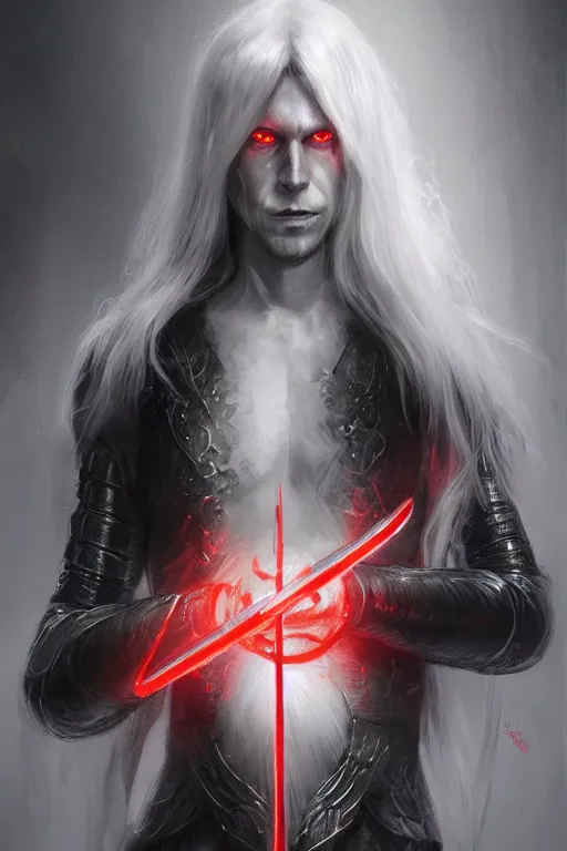 Prompt: 4k HD digital full body portrait of Elric of Melibourne, long white hair, black paper, Long black sword with red glowing runes, by Bastien Deharme, Craig Mullins, Marc Simonetti, trending on Artstation