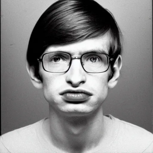 Image similar to Mugshot Portrait of Young Stephen Hawking, taken in the 1970s, photo taken on a 1970s polaroid camera, grainy, real life, hyperrealistic, ultra realistic, realistic, highly detailed, epic, HD quality, 8k resolution, body and headshot, film still, front facing, front view, headshot and bodyshot, detailed face, very detailed face