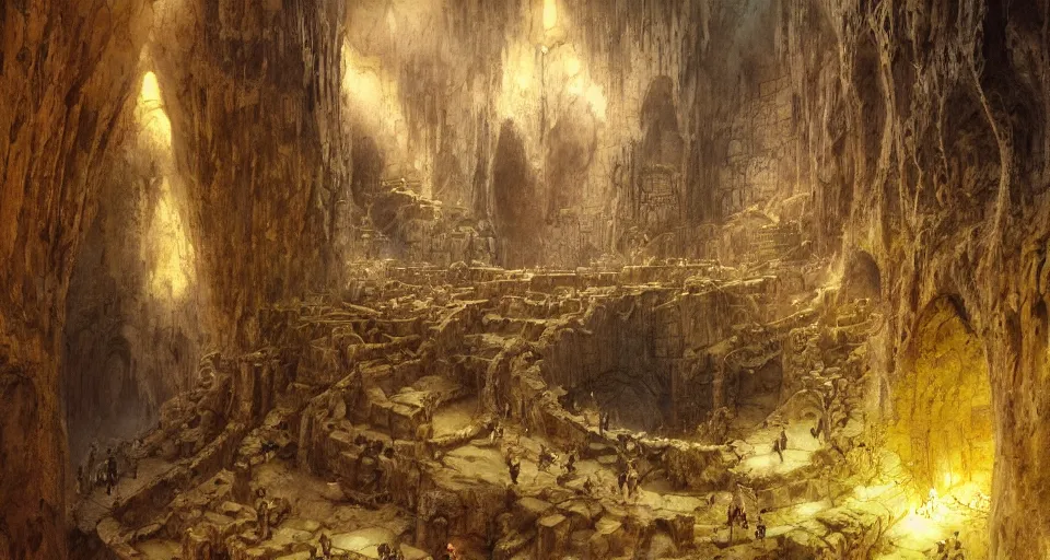 Image similar to looking up an ancient subterranean complex in middle - earth, comprising a vast labyrinthine network of tunnels, chambers, mines and halls, intricate, vivid colors, elegant, highly detailed, john park, frazetta, john howe, ruan jia, jeffrey catherine jones