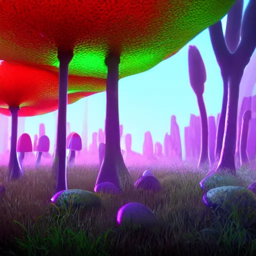 Image similar to A realistic strange neon lanscape, realistic, 4k resolution, detailled, realistic shaders, neon mushrooms, mushrooms particles, painting, forests, strange neon plants, realistic, detailled.