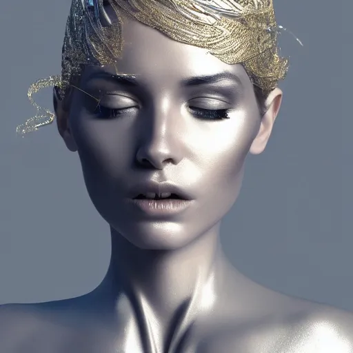 Image similar to a highly detailed digital image of a silver covered elegantly posed futuristic woman beautifully intertwined in golden liquid like leaves shot, full body shot, by Andrew Chiampo, artstation, and Frederik Heyman, extremely detailed woman, stunning volumetric lighting, hyper realism, fantasy 4k