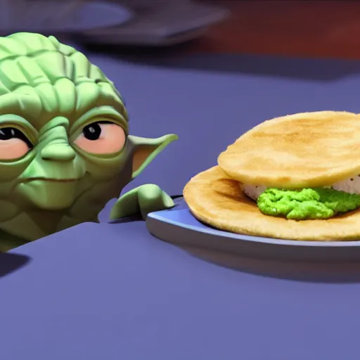 Image similar to A still of Yoda eating arepas, 4k, photograph, ultra realistic, highly detailed, professional lighting